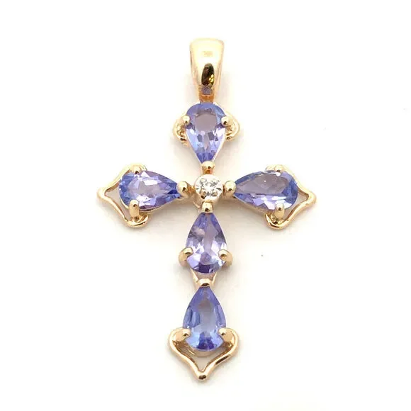 Designer Mexico 14K Yellow Gold Pear Tanzanite Diamond Accent Cross Pendant